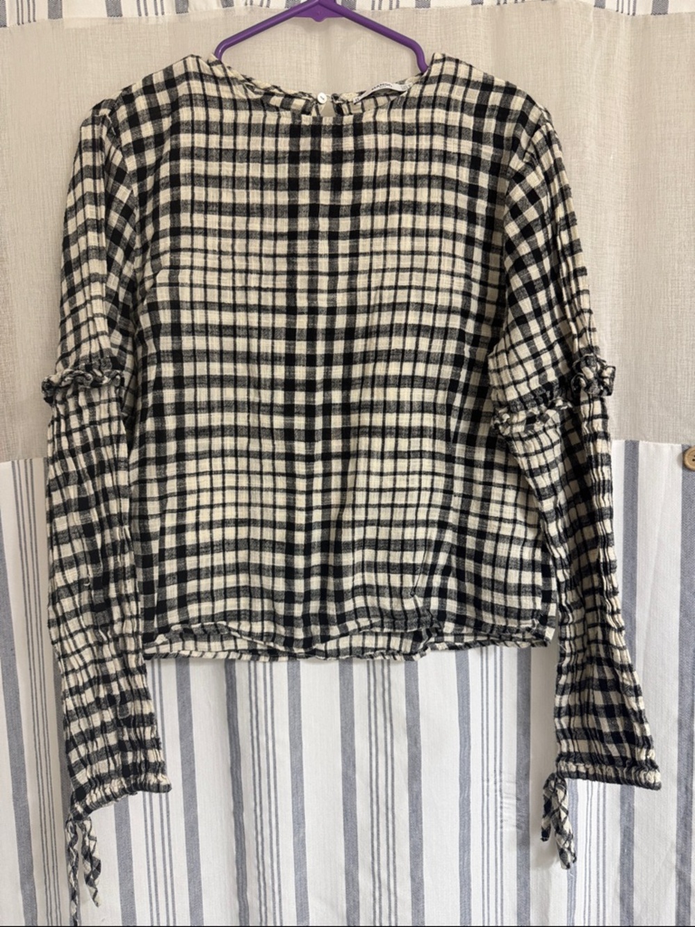 Mango Black and White Plaid Long-Sleeve Blouse